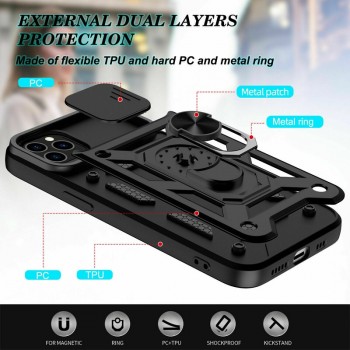 5in1 smūgiams atsparus dėklas su žiedu ir kameros apsauga - juodas (Apple Iphone 13 Pro Max)